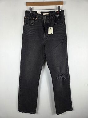 New Levis Ribcage Straight Button Fly Jeans Washed Black 30x32